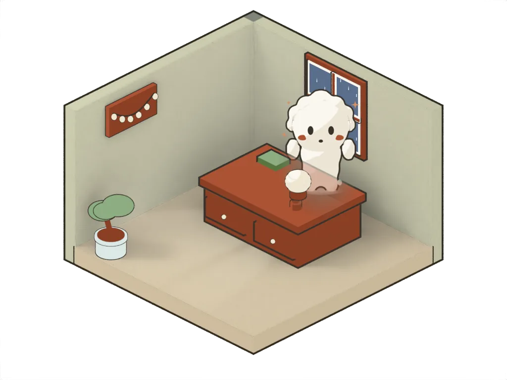 The same room settled in and warm: a painted wall, rain on the window, a small tree, a lit lamp, and the character at work.
