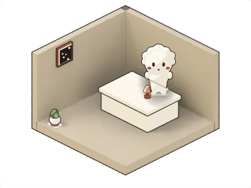 The same room with a few things in it now: a picture on the wall, a plant on the floor, a lamp on the desk.