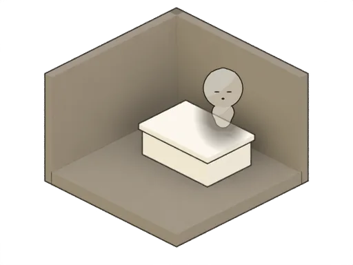 A small room with just a desk in it, and a little character sitting down to work.