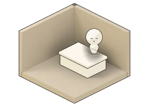 A small room with just a desk in it, and a little character sitting down to work.